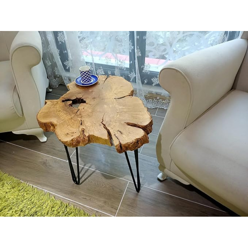 Skilled hands Olive Side Table, Natural Live Edge Side Table, 60cm pikkune, mustade jalgadega, rustikaalne kohvilaud, pesitsuslaud