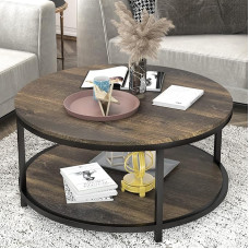 NSdirect 91,4 cm runder Couchtisch, rustikale Holzoberfläche und stabile Metallbeine, industrieller Sofatisch für Wohnzimmer, modernes Design, Heimmöbel mit Stauraum, offenes Regal (rustikales Braun)