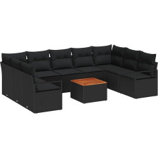 10-teilige Garten Sofa Set mit Kissen Schwarz Poly Rattan Akazie, 2-Sitzer Garten Sofa mit Stauraum & Kissen Schwarz Poly Rattan Gartenlounge Model3356420