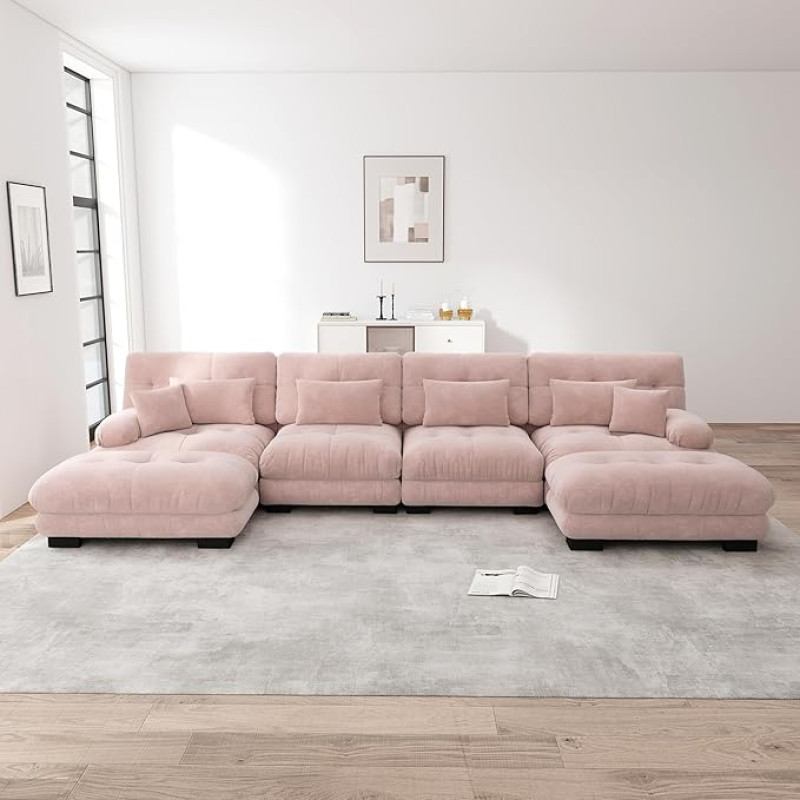 Modulares Ecksofa 4-Sitzer U-förmiges Couch Set für Wohnzimmer Komfortable Cloud Couches mit beweglichem Ottoman DIY-Kombinatsioon Chenille Rosa