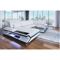 Wohnlandschaft Napoli U-kujuline nahast LED-valgustusega nahast diivan peatugedega (Ottomani vasakpoolne, valge/must)