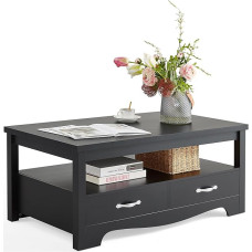 LINSY HOME talumajapidamise kohvilaud koos hoiuruumiga, puidust kohvilaud elutuppa, avatud väljapanekuala ja metallkäepidemetega hoiusahtlid, šikk stiil koos kumera alusega, must