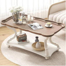 Function Home Farmhouse kohvilaud, rustikaalne valge kokteililaud riiuliga, diivanilaud loodusliku salve ja nikerdatud jalgadega elutoa mööbli söögituppa, vintage valge