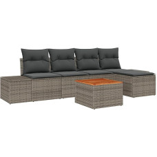Homgoday 6-teiliges Garten Sofa Set mit Kissen in Grau Poly Rattan Akazie Sofa Im Freien Model3347944