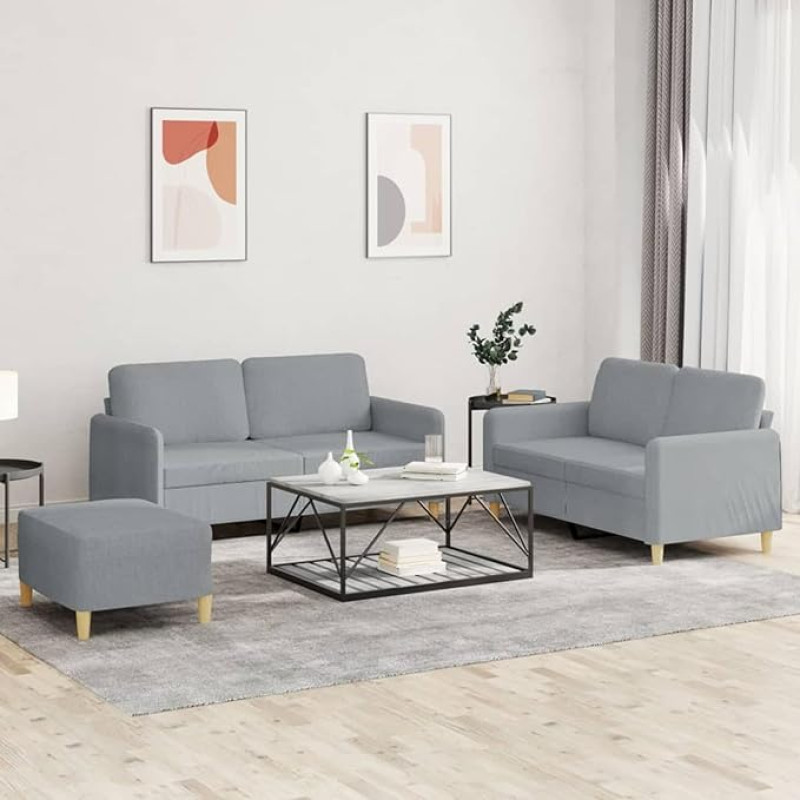 Hellgraue 2-Sitzer-Sofa-Garnitur mit Fußhocker, Stoff & Metall, 120/140 cm, max. 110 kg pro Sitz Model3202094