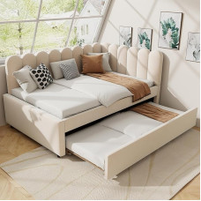 BENMWS diivanvoodi L-kujuline polsterdatud voodi 140 x 200 cm koos lillelise seljatoega ja trundle voodiga, beežist sametkangast