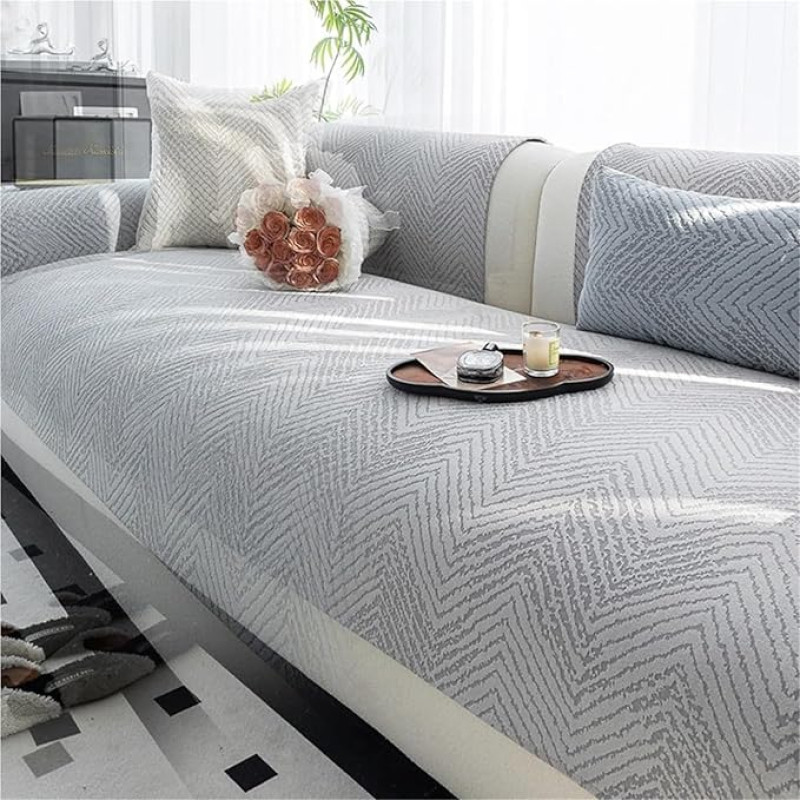JHOMHF Moderner Chenille Jacquard Sofabezug rutschfest haustierfreundlich Couchschutz Boho waschbarer Möbelbezug dehnbarer Mehrzweck Schonbezug(Light Grey,110 * 240cm)