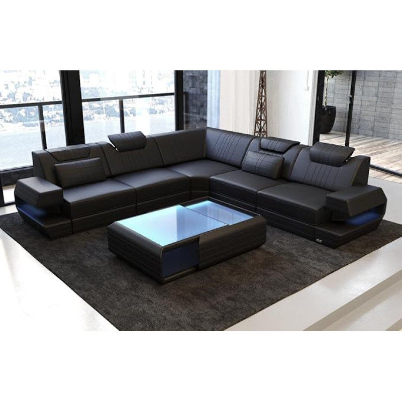 Ragusa nurgadiivan nahast L-kujuline diivan LED-valgustusega, reguleeritavad peatuged / nahavärvid saadaval (must)