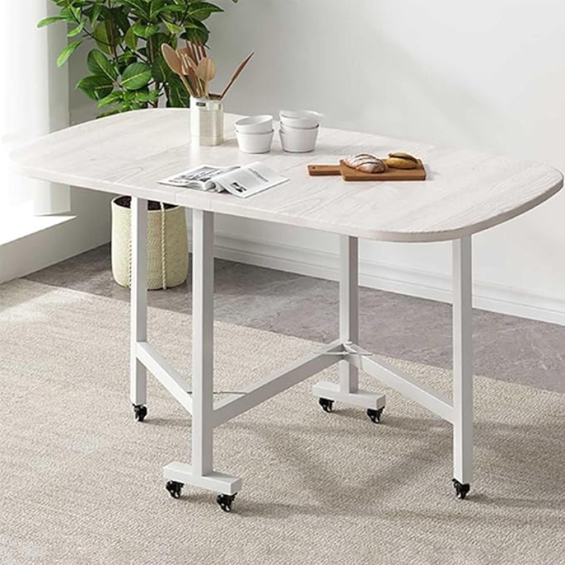 Talumajapidamise pikendatav kokkupandav söögilaud ratastel ruumi säästvale köögisaarele koos alusega, valge, 120 x 70 cm