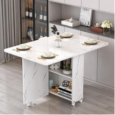 Kokkupandav söögilaud hoiuruumiga ja 6 rattaga väikesele köögile, pikendatav söögilaud, kokkupandav, köögisaar (valge, 120 x 60 cm)