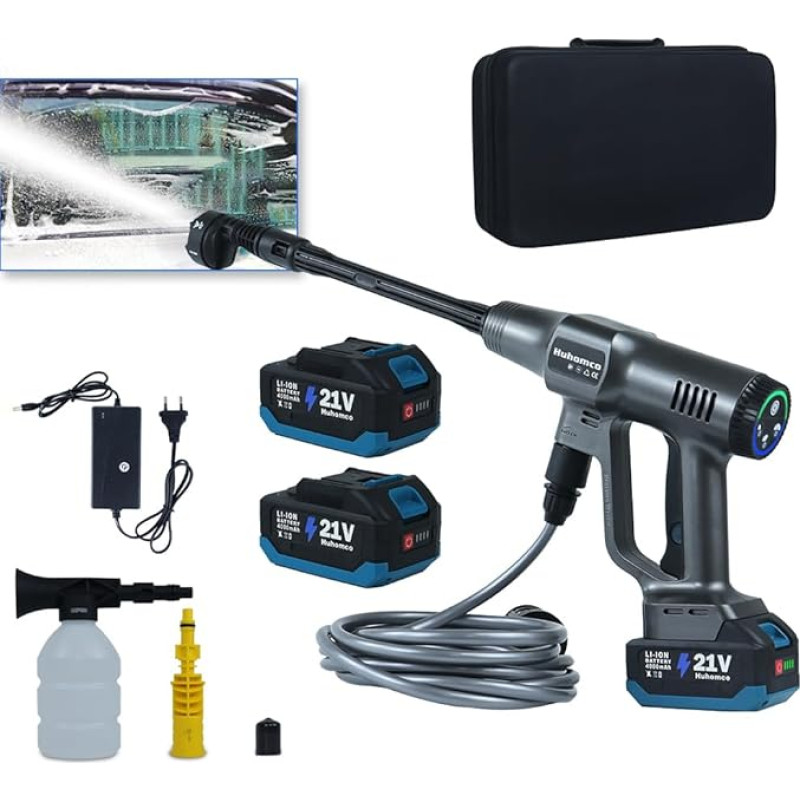 Huhomco mobiilne aku survepesur akuga 4000 mAh x 2, Max 200 Bar / 2900 Psi harjadeta, kaasaskantav survepesur survepüstol 6-in-1 multifunktsionaalne pihusti kastmiseks, auto jaoks