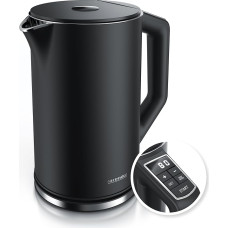 Arendo roostevabast terasest veekeetja temperatuuri seadistusega 40-100 kraadi 5 astmes, kahekordse seinaga disain, elegantne mudel, 1,5 liitrit, 2200 W, veekeetja temperatuuri näiduga, GS, must