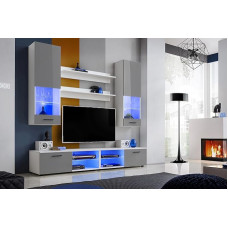 Komodee, RTV Varallo Living Room Wall Unit Grey High Gloss / Matte White, Width 200 cm x Height 195 cm x Depth 45 cm, LED Blue, for Living Room, Bedroom