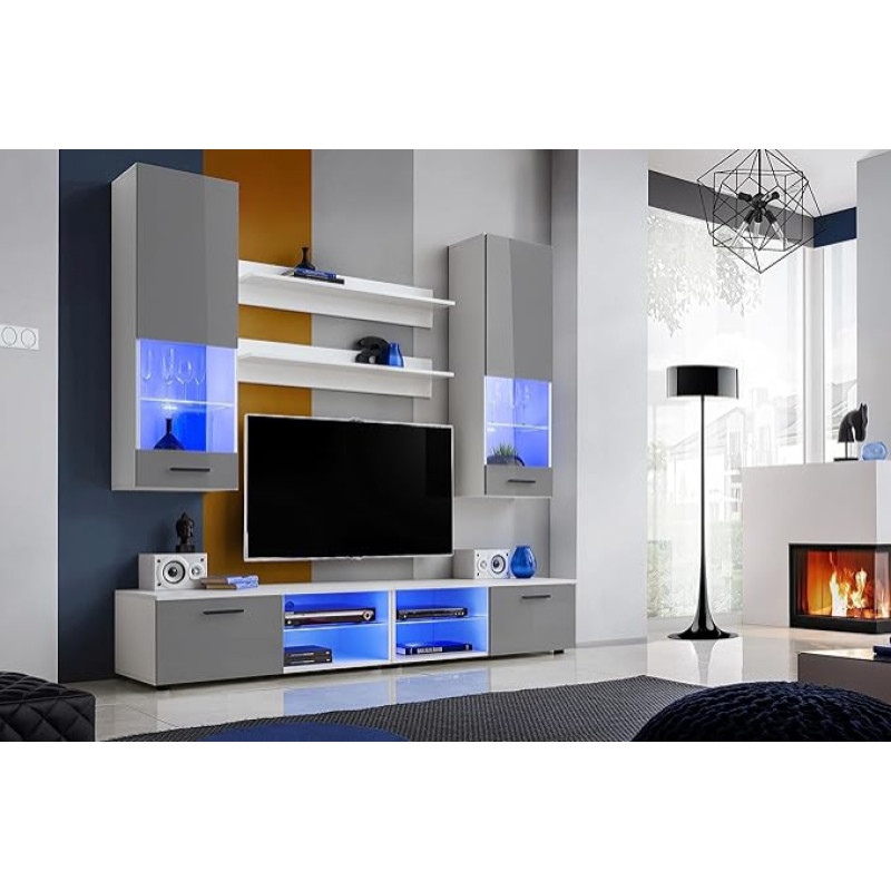 Komodee, RTV Varallo Living Room Wall Unit Grey High Gloss / Matte White, Width 200 cm x Height 195 cm x Depth 45 cm, LED Blue, for Living Room, Bedroom
