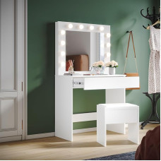 SUNXURY Dressing Table with Lighting Mirror and Stool Modern Dressing Table with 1 Drawer Cosmetic Table with Mirror Bedroom Furniture for Girls 140 x 40 x 80 cm White
