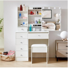 LIANWANG Dressing Table with LED Lighting, Dressing Table with Stool for Make-Up, Cosmetic Table with 6 Drawers and Mirror, 3 Colour Temperatures and Adjustable Brightness, Modern, 131 x 80 x 36 cm