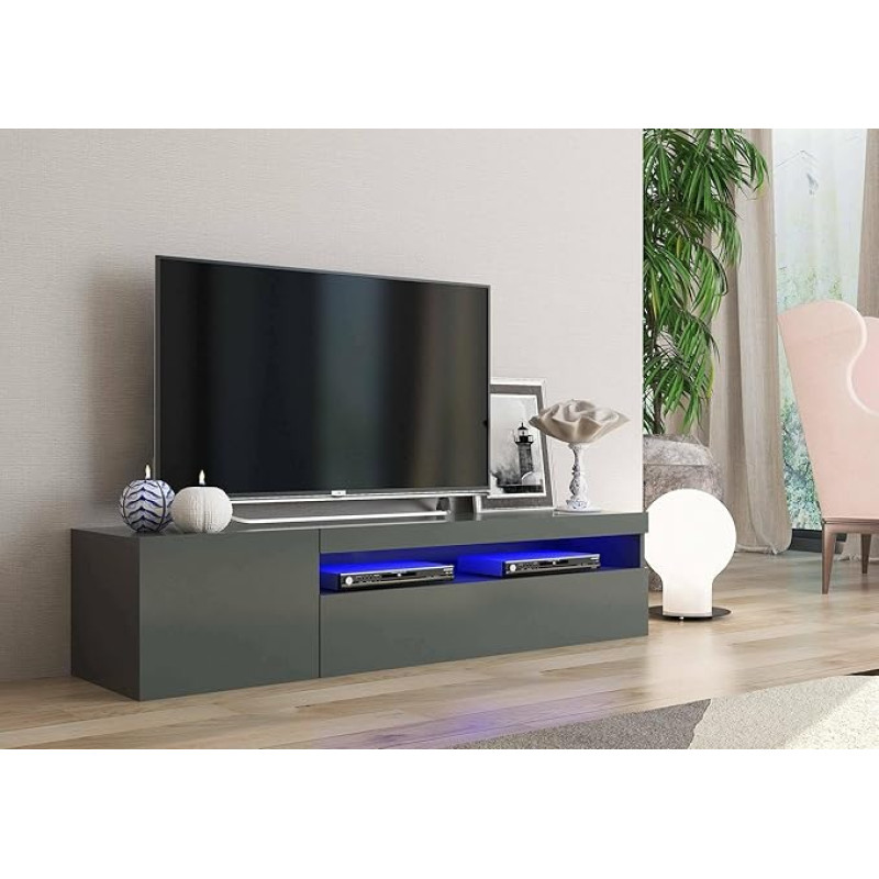 Dmora - Turi TV Cabinet Low Living Room Sideboard TV Stand Base 100% Made in Italy 150 x 40 x 37 cm Gloss Anthracite with LED Light
