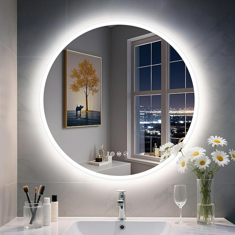 S'bagno 600 mm Round Illuminated Bathroom Mirror with LED Lighting, Bathroom Mirror with Lighting with Touch Sensor/Dimming/Colour Changing and Bluetooth Speaker