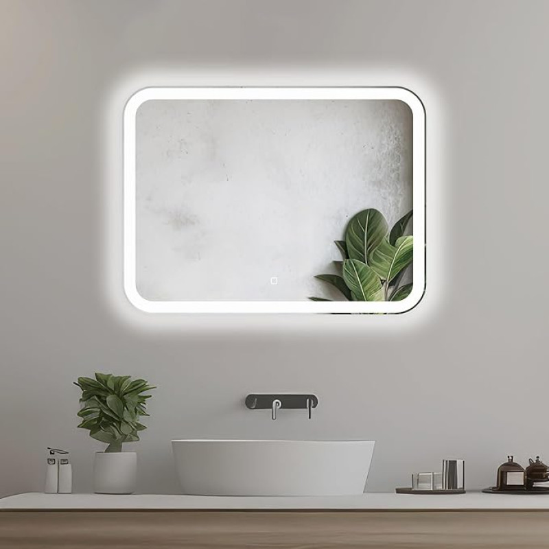 Home Glow 80 x 60 cm Horizontal Bathroom Mirror with LED Lighting, Illuminated Bathroom Mirror with Touch Switch, Rectangular LED Bathroom Mirror with Natural White LED Front Light
