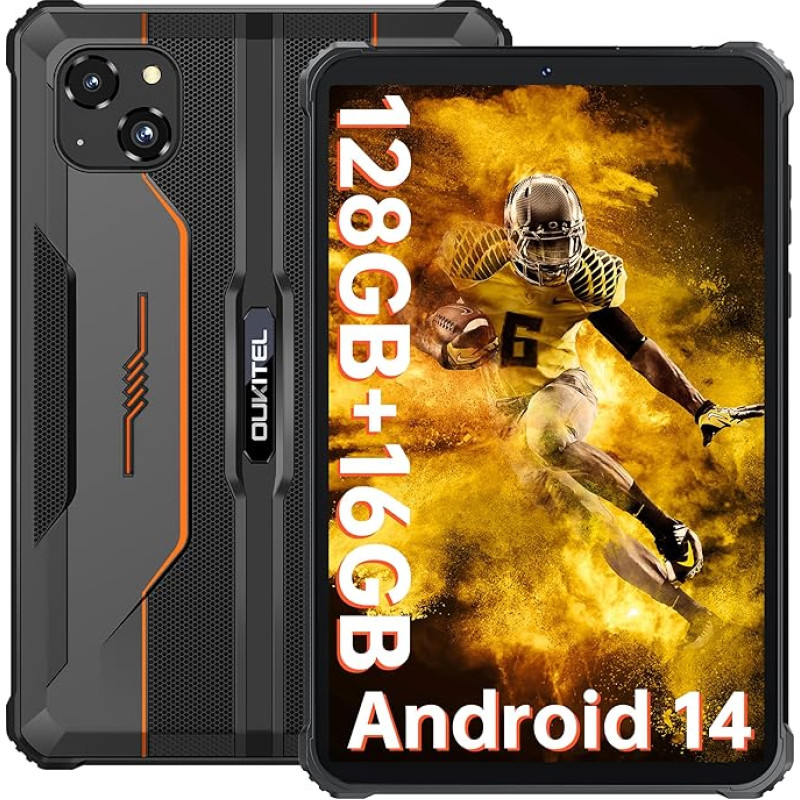OUKITEL RT3 Pro Outdoor Tablet Android 14 - veekindel tahvelarvuti 8 tolli, 5150 mAh 16GB + 128GB Robust Tabletid Dual SIM 4G, 16MP + 8MP kaamera Mini Tab, Face ID, NFC, oranž
