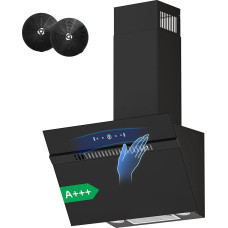 FIREGAS 60 cm, väljatõmbe-/ringluspliit, harjadeta mootoriga, 684 m³/h õhuvool, 9 ventilaatoritasemet, nurgapealne kapuuts, energiatõhususe klass A+++, puute- ja viipemehhanismiga juhtimine, must