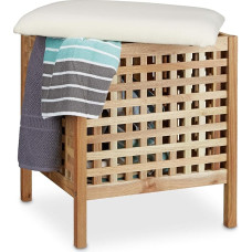 Relaxdays pähklipuust hoiukorviga iste koos korstnaga, 52 x 49 x 49 cm, vannituba Ottoman koos padja ja 52 L korstnaga, jalatool Ottoman iste tool koos hoiuruumiga, tugevast pähklipuust, helepruun ja valge
