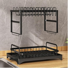 Locadence Dish Dryer, 16.5 x 11.8 x 11.4 Inches, 2 Tiers, Aluminium Kitchen Dryer with Draining Board and Utensil Holder, Dish Strainer Stand for Kitchen
