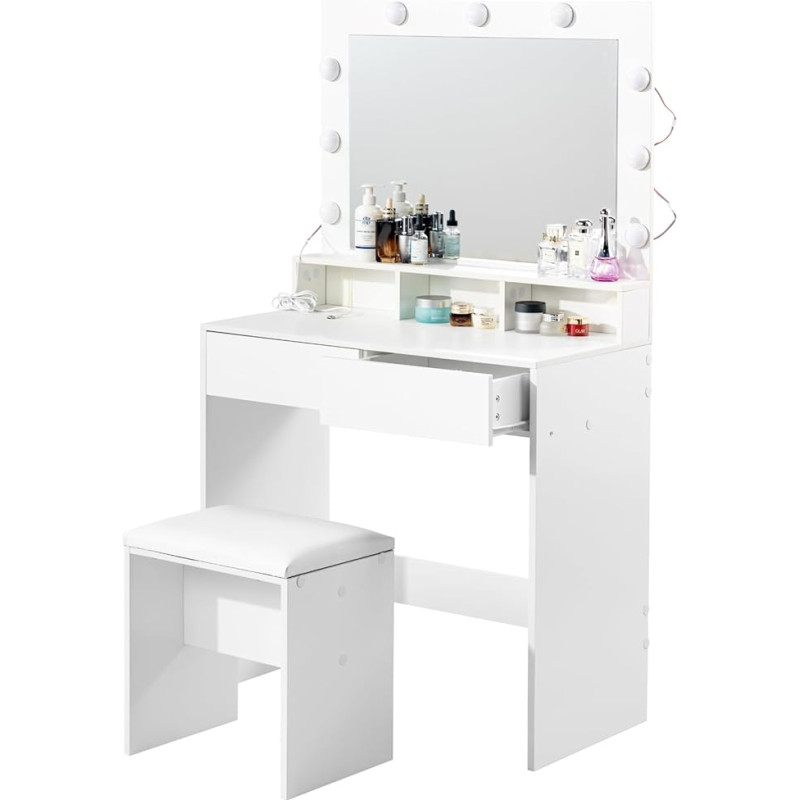 HOMYLIN Vanity Desk with Mirror and Lights, Makeup Vanity and Padded Stool Set, Dressing Table with Drawers and Table Divider for Bedroom, Dressing Room, Studio, White