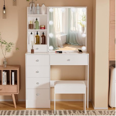 Puselo Dressing Table with Lighting and Mirror Dressing Table with Stool Cosmetic Table with 6 Drawers and 6 Shelves for Bedroom 80 x 36 x 130 cm PE39