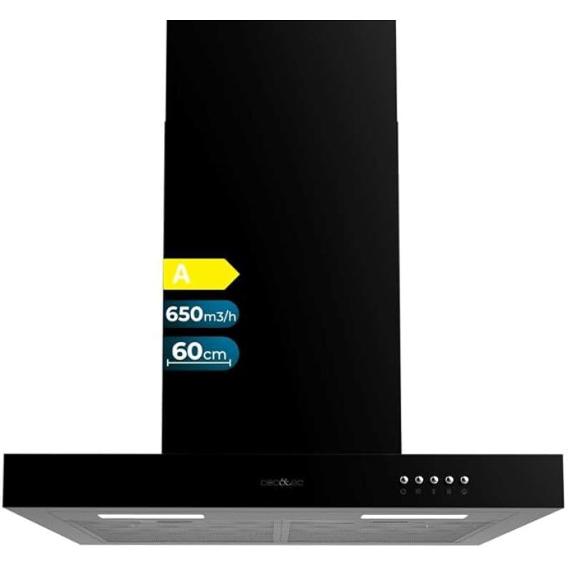 Cecotec Bolero Flux TM 606500 Black A Cooker Hood 60 cm Motor 165 W Decorative Stainless Steel Finish Suction 650 m³/h Mechanical Control 3 Power Levels Light and Carbon Filter