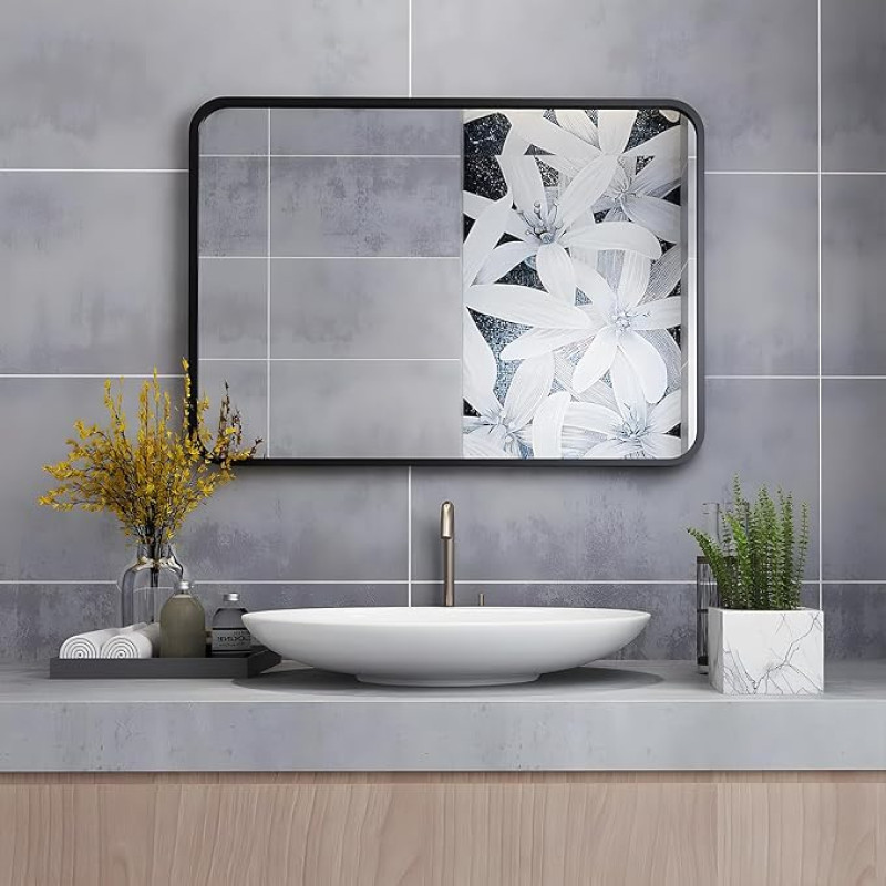 MIQU Bathroom Mirror 80 x 60 cm Bathroom Mirror without Lighting Rectangular Mirror Black Metal Frame Wall Mirror for Bathroom, Living Room, Toilet 600 x 800 mm