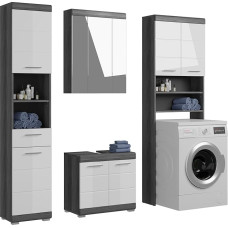 xonox.home Vannitoa Scout 4-osaline komplekt Vannitoa kombinatsioon Vannitoa mööblikomplekt Vannitoa kapi pesumasinakapp eesmine valge kõrgläikega korpus / trimmi suitsu hõbedane Nb., ca 190 x 191 x