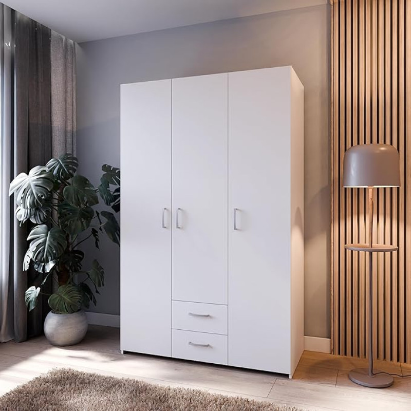 Forte ECONOBOX Wardrobe 120, 3 Door Revolving Door Wardrobe with 2 Drawers, Composite Wood, White, 119.4 cm Wide, 190.5 cm High, 54.4 cm Deep