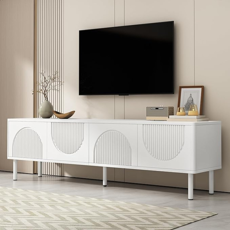 Gxffipw TV Cabinet Length 180 cm for TVs up to 75 Inches, Lowboard White with 4 Doors and Storage Space, TV Cabinet with Matte Surface and Cable Management, TV Board White