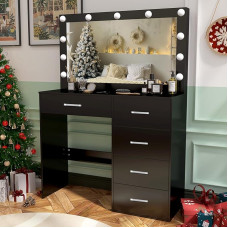 Buildonely Dressing Table with Large Mirror and Lighting, 3 Colour Temperatures and Adjustable Brightness, Dressing Table with 5 Drawers, Modern, Black, 36 x 80 x 130 cm, White Handle