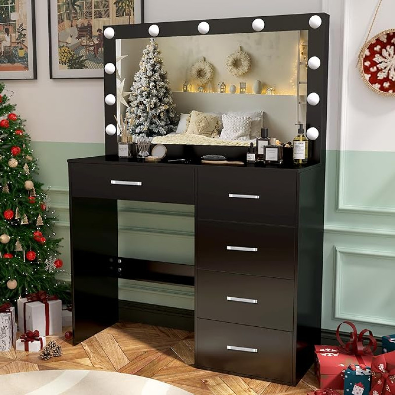 Buildonely Dressing Table with Large Mirror and Lighting, 3 Colour Temperatures and Adjustable Brightness, Dressing Table with 5 Drawers, Modern, Black, 36 x 80 x 130 cm, White Handle