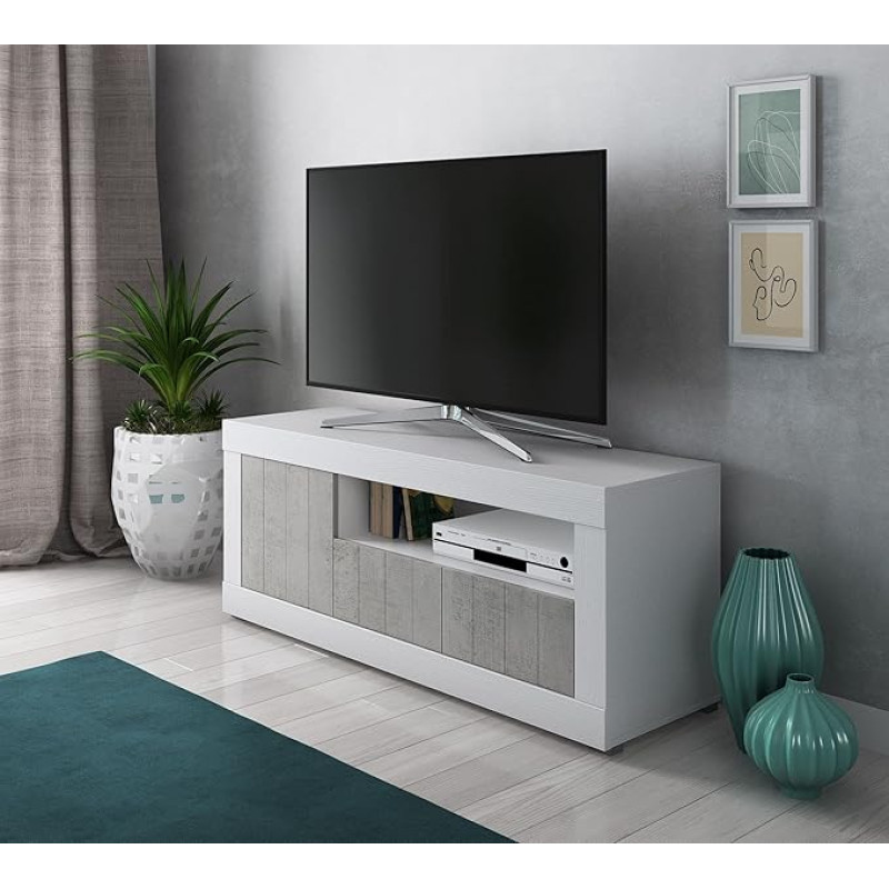 Dmora Living Room TV Stand, Sideboard with Shelves and Shelves, Living Room TV Stand, 137 x 42 x 56 cm, White and Cement Colour