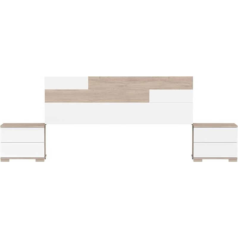 Muebles Pitarch Erika pealaud ja 2 öökapi komplekt koos rippuvate tööriistadega, metallist juhendid valge ja Aurora tammepuust kahekohaline tuba voodile 150