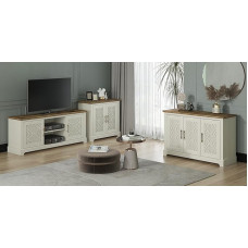 Galano Enfield 3-osaline elutoa hoiukomplekt - teleripult, 2 uksega küljepult ja 3 uksega küljepult - puidust kabinetid salongile ja meediakapp - kreemikas tammepuust