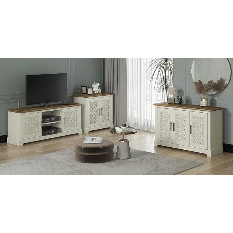 Galano Enfield 3-osaline elutoa hoiukomplekt - teleripult, 2 uksega küljepult ja 3 uksega küljepult - puidust kabinetid salongile ja meediakapp - kreemikas tammepuust