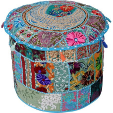 Stylo Culture Cotton Patchwork Embroidered Ottoman Stool Pouf Cover Turquoise Floral Ottoman Stool