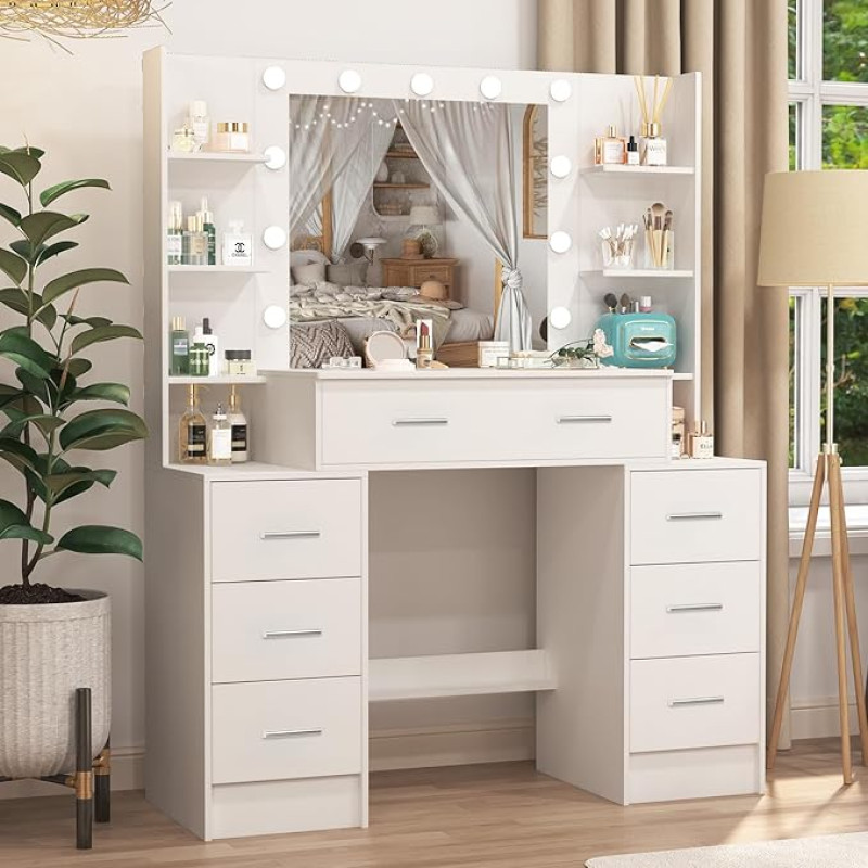 Saimeihome Dressing Table with Dimmable Lighting and Mirror, White Cosmetic Table with 7 Drawers + 8 Storage Compartments, Vanity Makeup Table for Bedroom, Children's Room, 110 x 40 x 140 cm