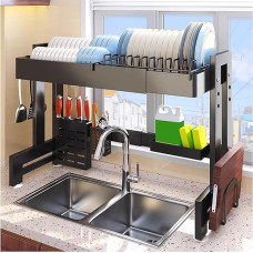 Over the Sink Dish Dryer Over Counter Dish Dryer with Multiple Baskets, Utensil Sponge Holder, Sink Caddy, Expandable Kitchen Dish Dryer for Plates, Bowls, Pots