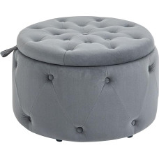 HOMCOM Stool with Storage Space, Upholstered Stool Storage Box with Lid, Round Ottoman, Seat Chest with Velvet Look, Buttons for Living Room, Grey, Diameter 60 x 40 cm
