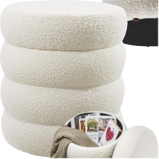 tectake® Scandi Stool koos hoiuruumiga, Bouclé Teddy kangas, Pouf, ümmargune polsterdatud stool garderoobilauda, elutoa mööbel, kui koridorimööbel, elutoa hoiutool, läbimõõt 42 x 47 cm.