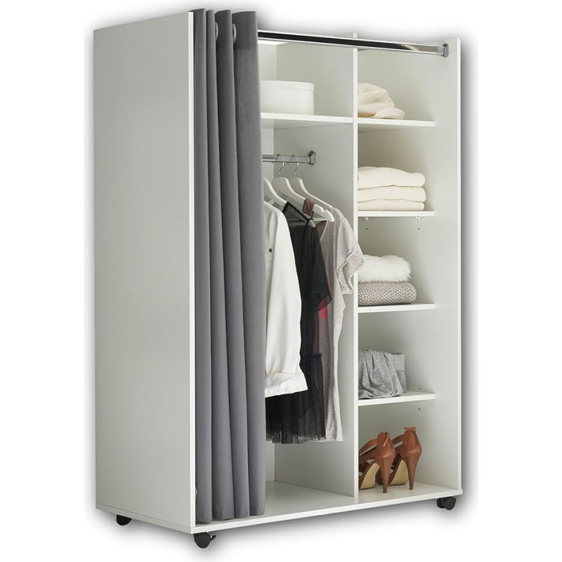 Stella Trading JENKE Mobile Wardrobe on Wheels, White with Fabric Curtain, Versatile All-Purpose Cabinet with Clever Interior Dividers, 100 x 145 x 50 cm (W x H x D)