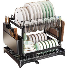 ZOUTYI Dish Dryer for Kitchen Counter, Dish Rack for Sink with Rotating and Pull-Out Drain, Dish Drainer with Utensils, Cup, Glass and Chopping Board Holders (F