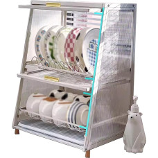 LONONE 2 Tier Dish Dryer with Draining Board, White Covered Dish Baskets for Kitchen Counter, Closed Dish Baskets with Water Bowl
