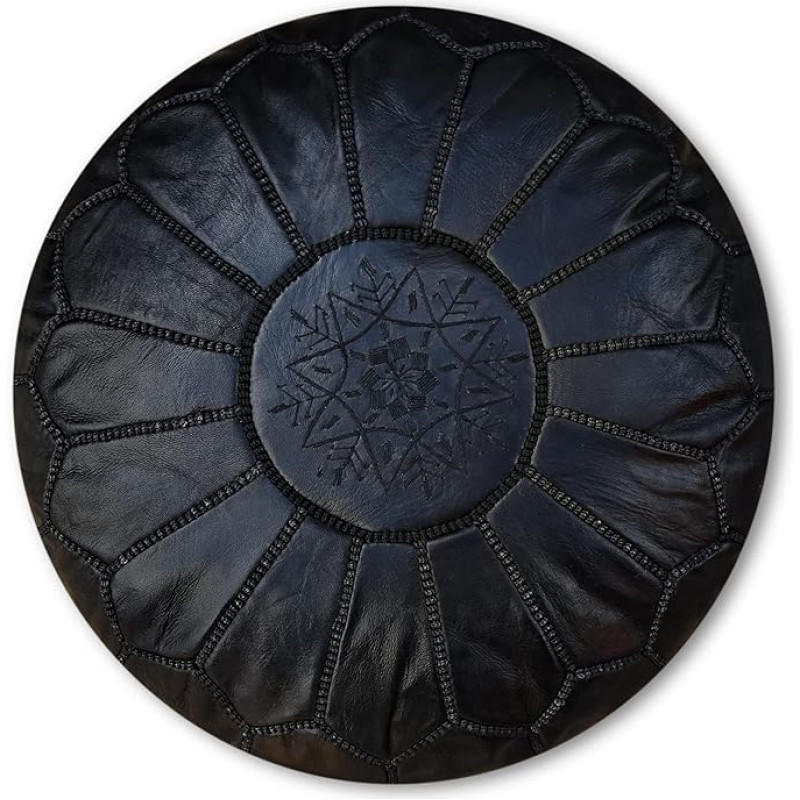 Poufs&Pillows Moroccan Genuine Leather Pouf - Handmade - Filled - Ottoman, Bean Bag, Footstool, Pouf (Black)
