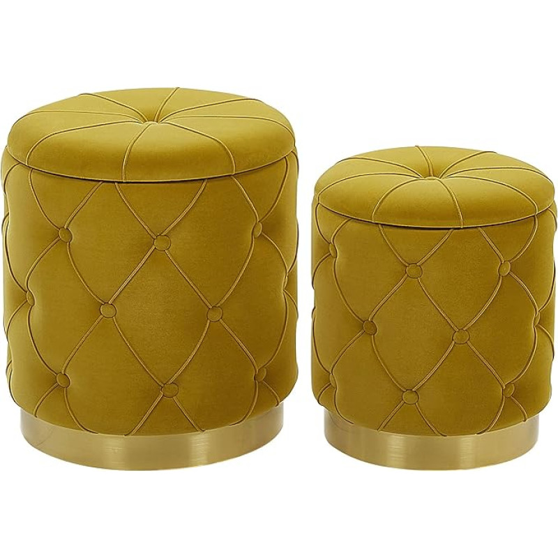 Round Pouf Set of 2 Velvet Yellow Ottoman Seat Pouf Chesterfield Style Pueblo